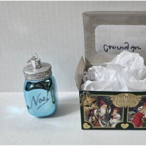 Old World Christmas Blue Mason Canning Jar Glass Blown Tree Ornament with Box